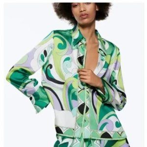 Zara 70s Print Green Swirl Pattern Top Small